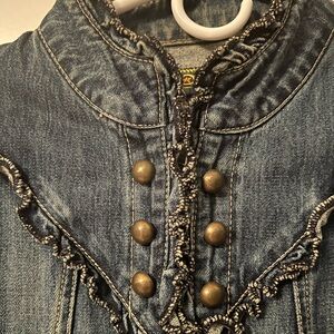 Juniors Star brand denim jacket with ruffle detail and stand collar